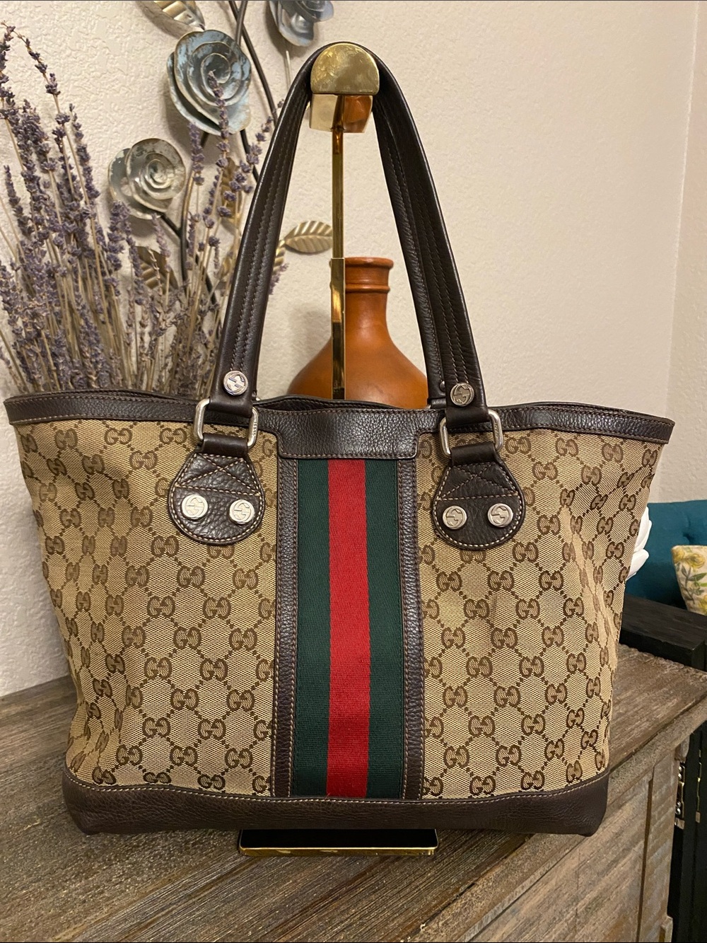 GUC AUTHENTIC Gucci Brown Monogram Canvas Medium Vintage Web Sunset Tote Bag
